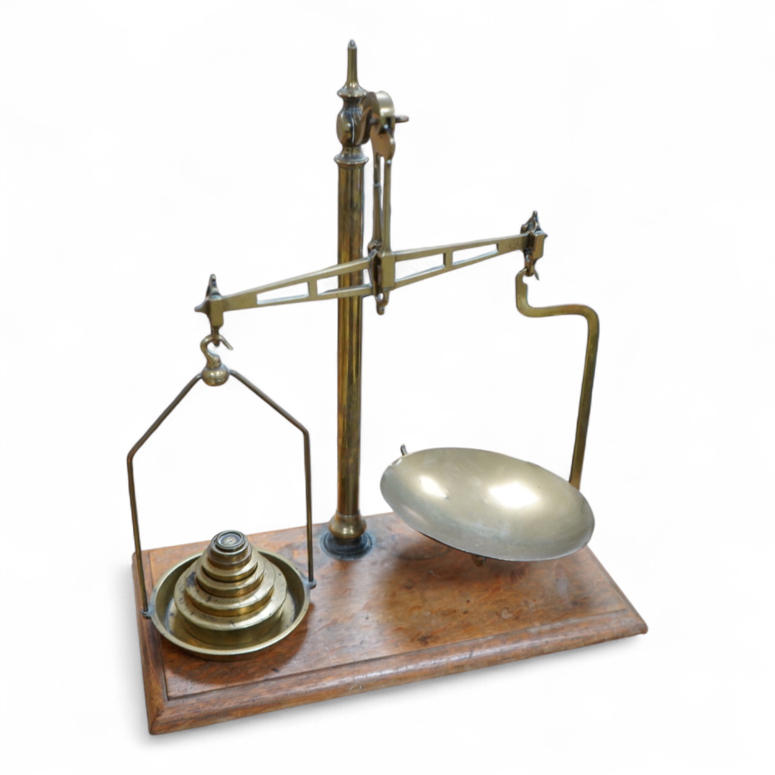 A set of 19th century brass and oak apothecary scales, 43cm